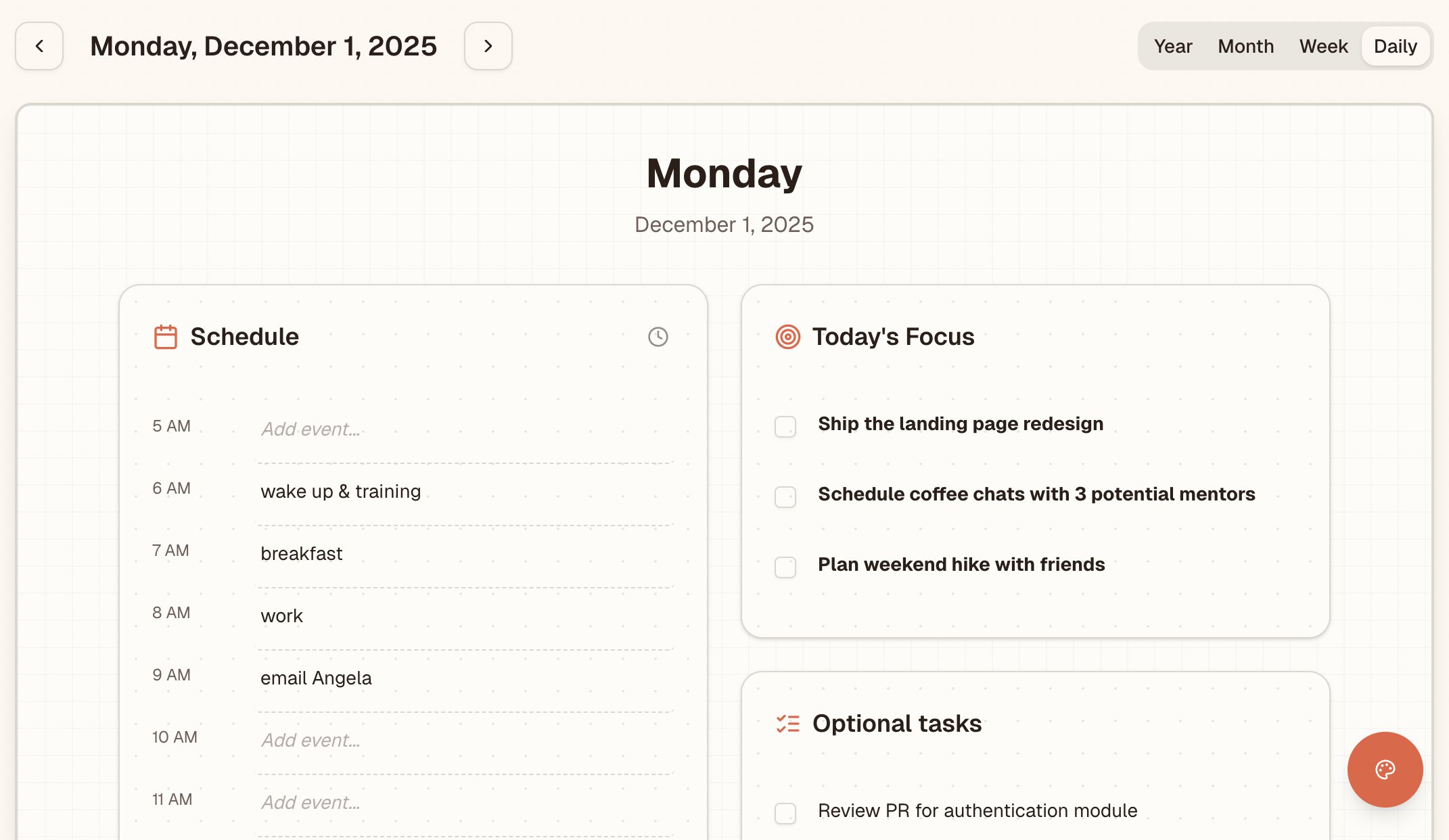 Daily planner view with schedule, focus tasks and gratitude