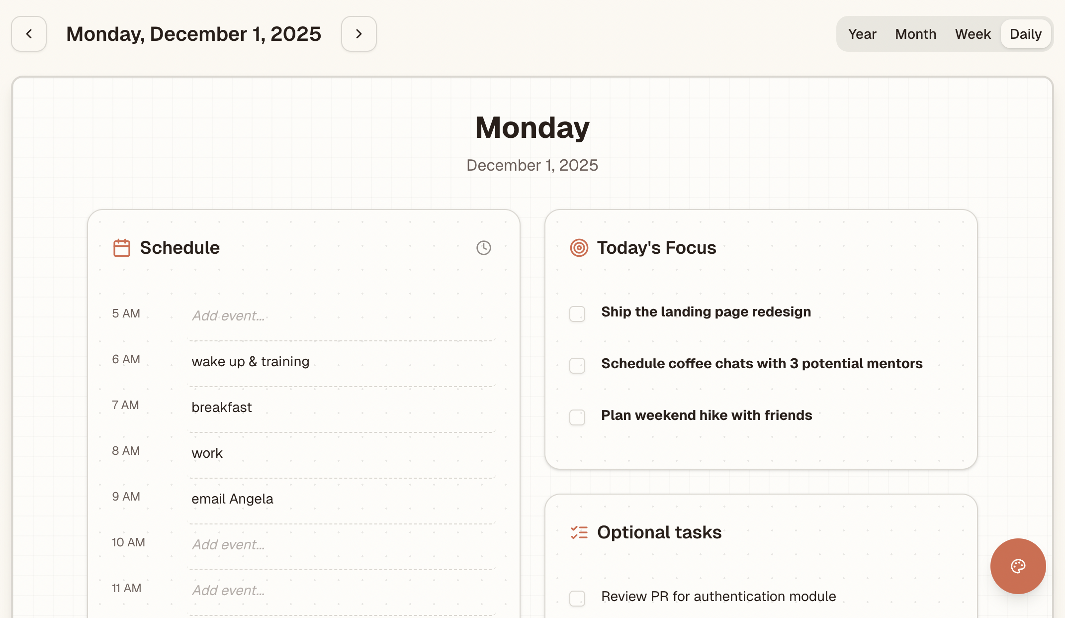 Simple daily calendar view showing tasks and schedule