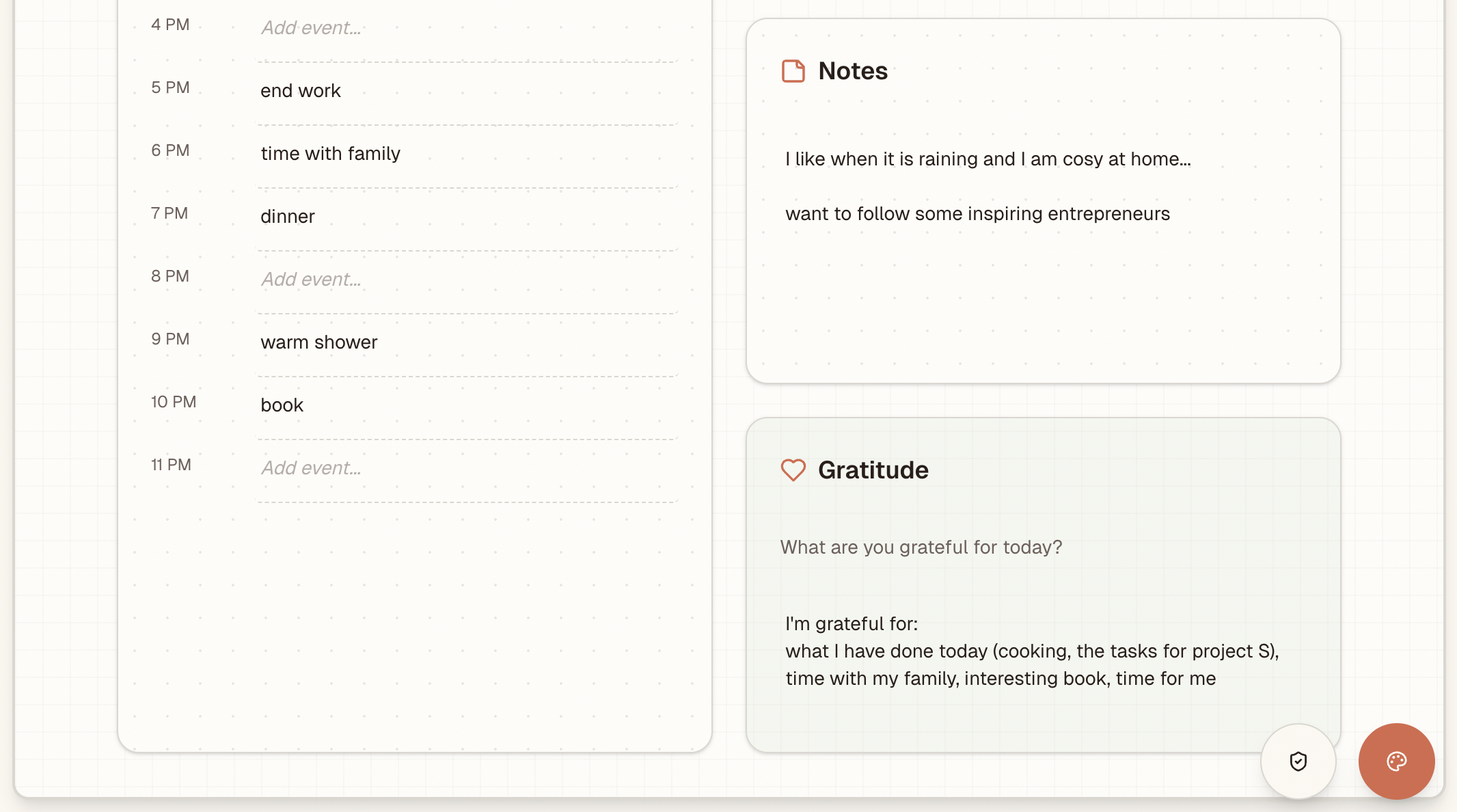 Planami daily view showing gratitude notes, daily intentions, and highlights sections