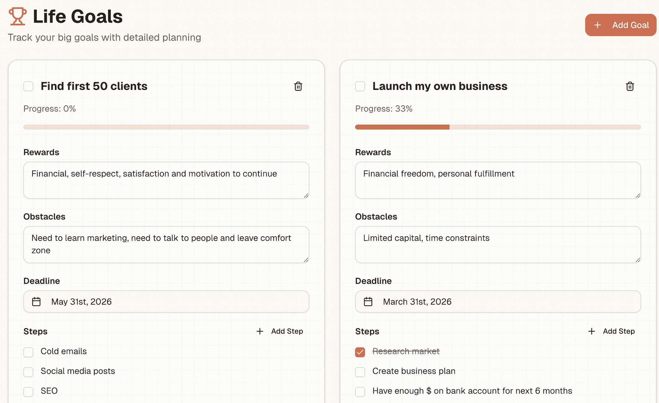 Planami Big (Life) Goals module showing big goals broken down into steps