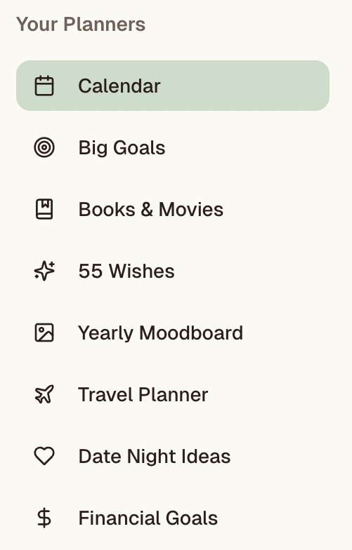 The Planami module list: calendar, big goals, books and movies, wishes, moodboard, travel, date nights and financial goals