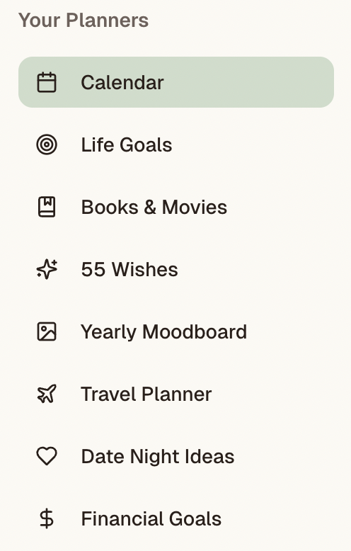 Planami sidebar showing all planner modules