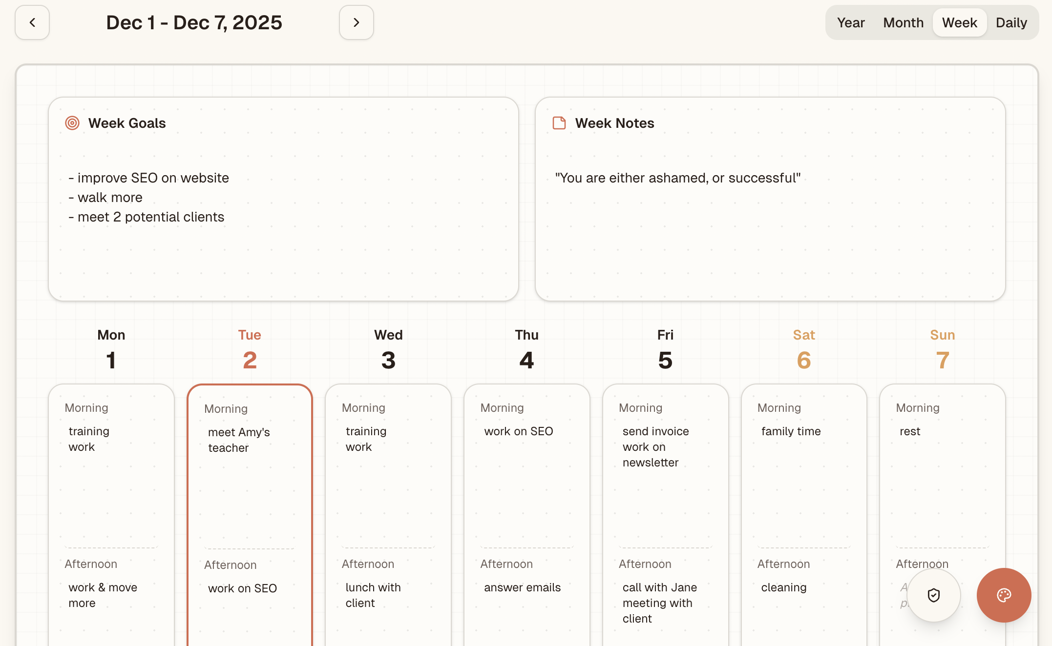 Planami Weekly view showing daily actions and tasks