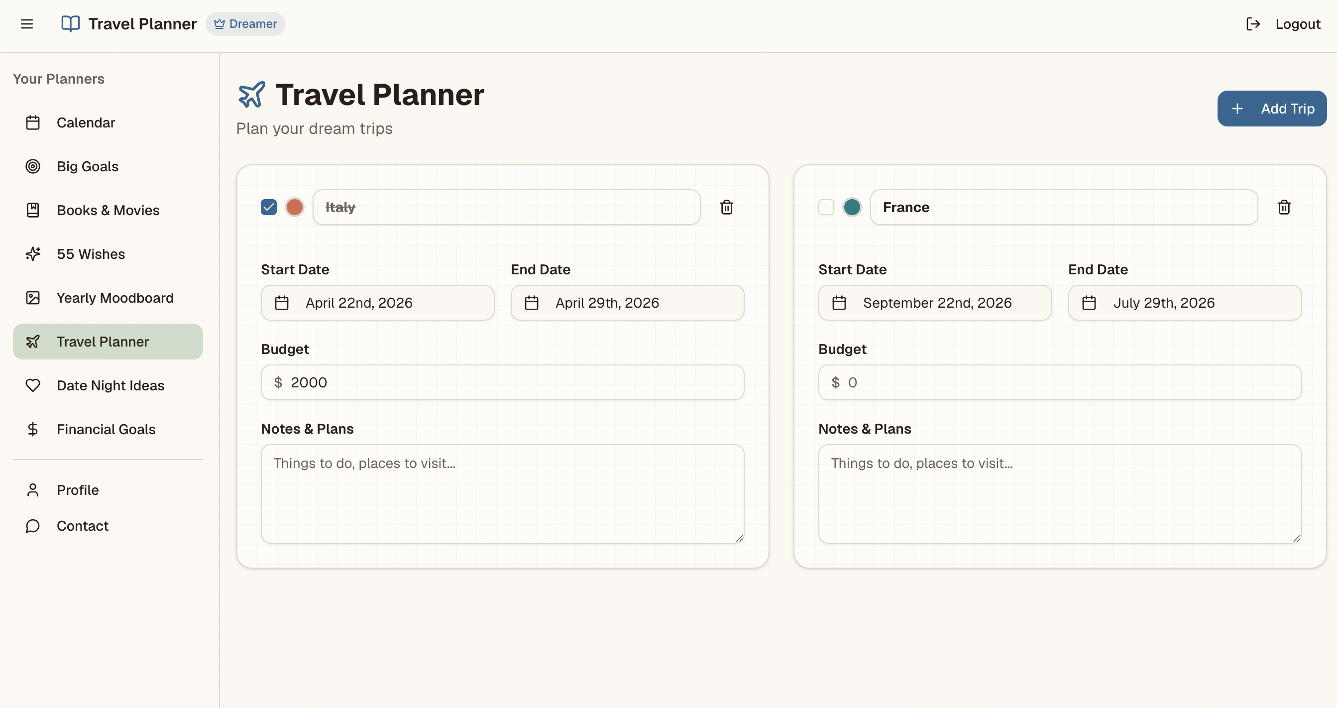 Planami's Travel module showing a travel wishlist and active trips with dates inside a digital planner